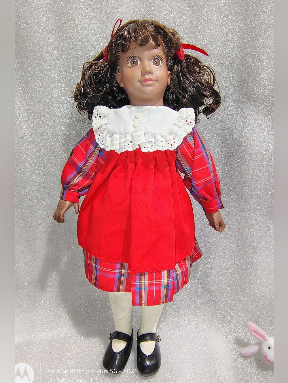 Vintage 13” Porcelain Doll Brunette Pigtails Red Plaid Dress Lace